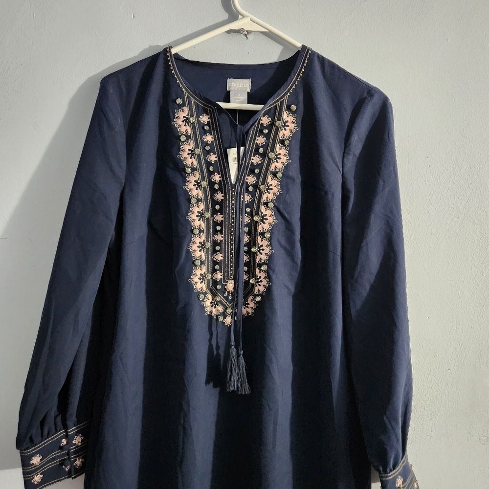 Chico's Embellished Midi Dress Jewel Neck Navy Pink - Picture 11 of 11
